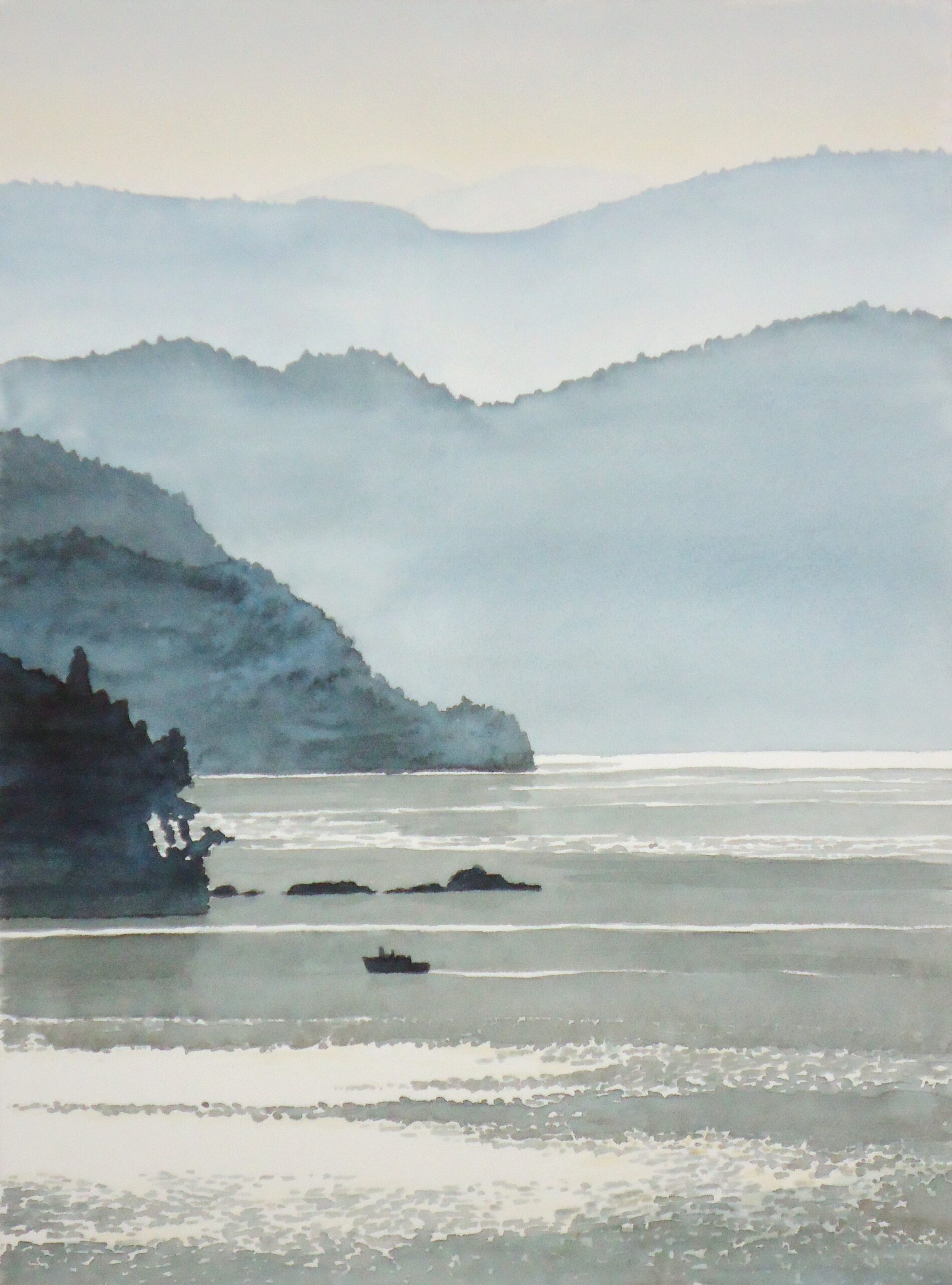 A water colour painting of the coast of Mill Bay at evening by Keith Cains.