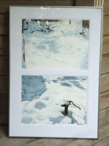 A diptych featuring watercolour paintings on a yard covered in snow by Keith Cains.