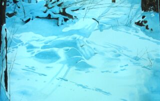 A water colour painting of a yard covered in snow by Keith Cains.