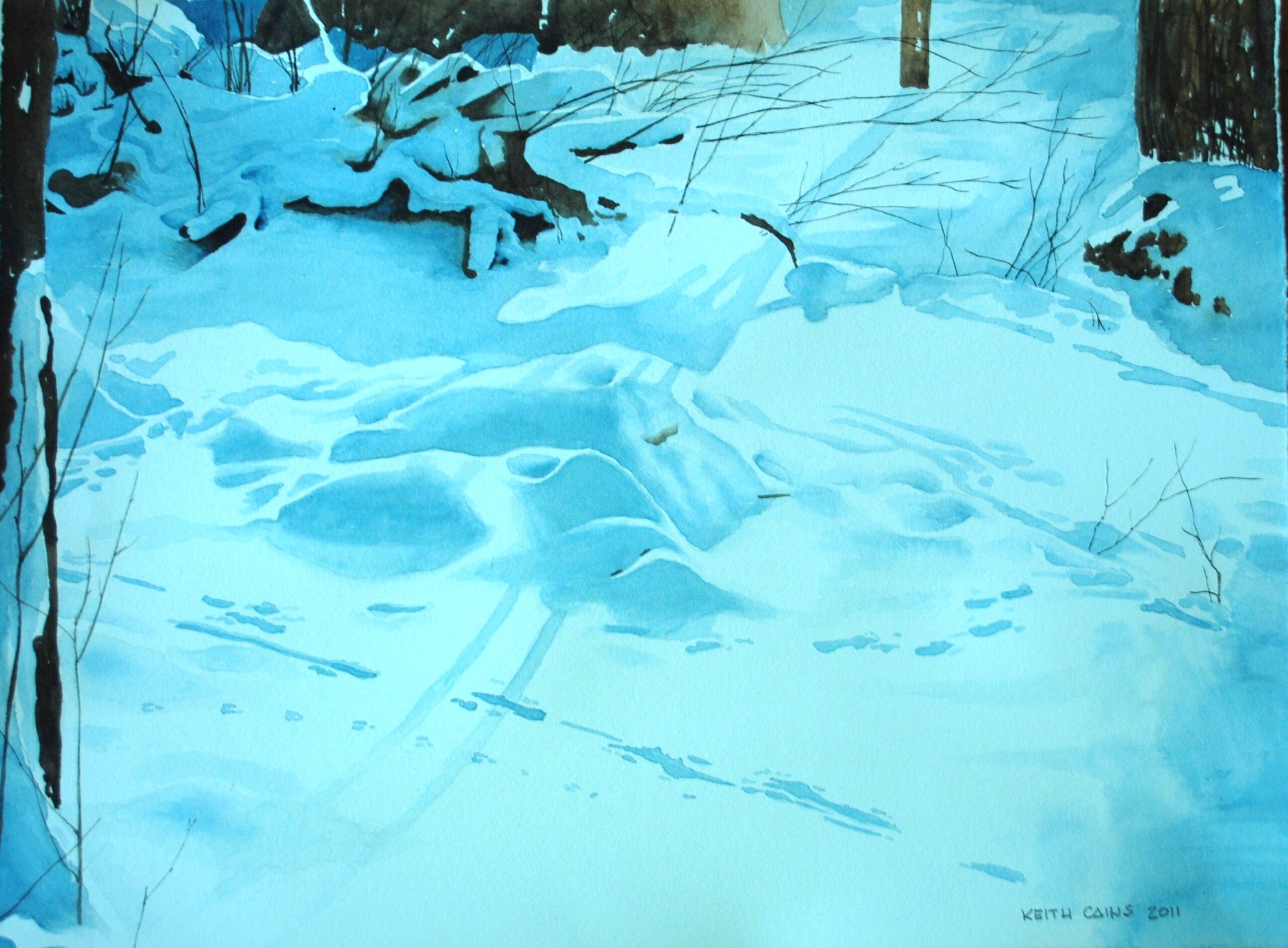 A water colour painting of a yard covered in snow by Keith Cains.