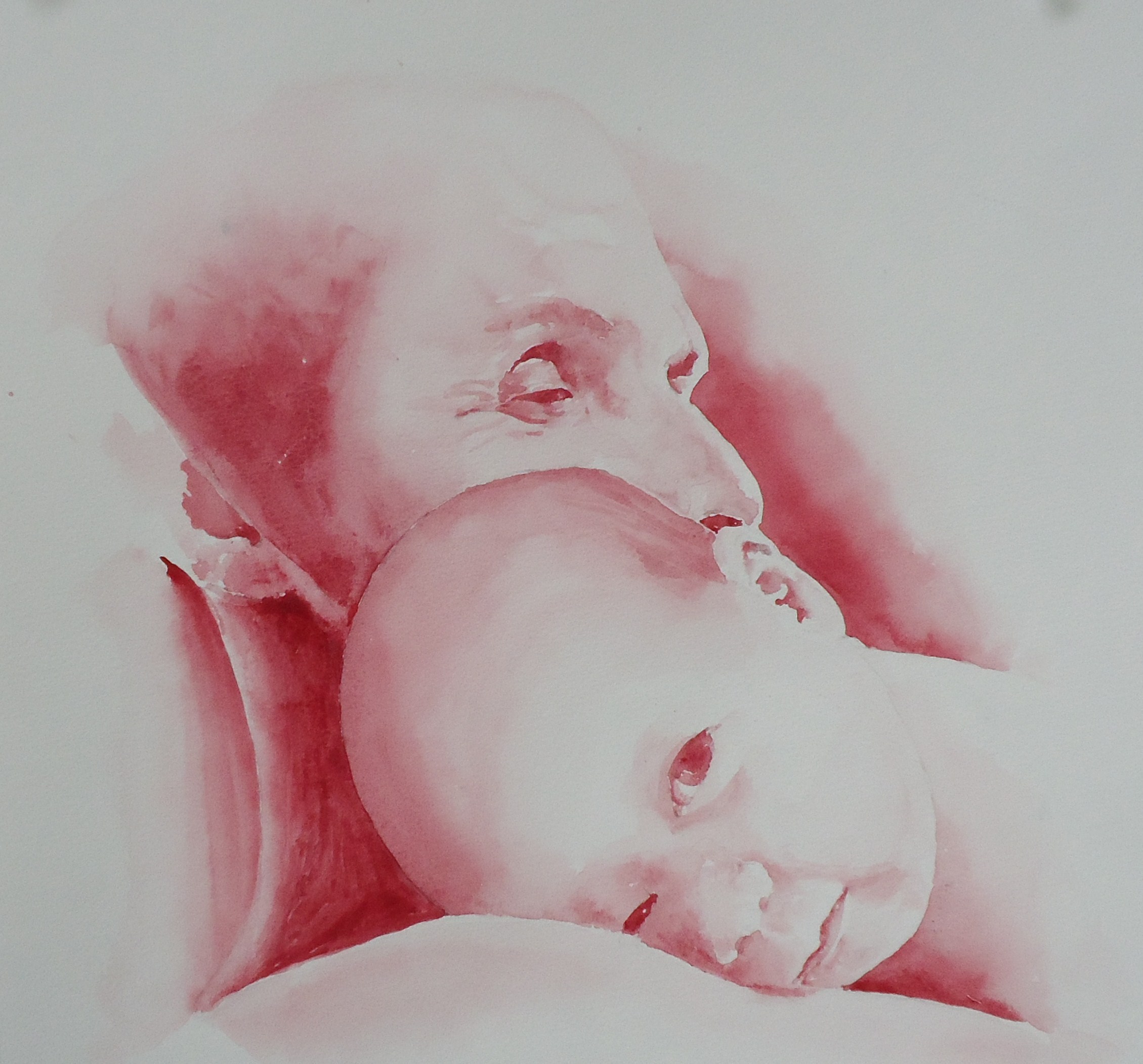 A painting of a woman holding a baby done in red watercolour by Keith Cains.