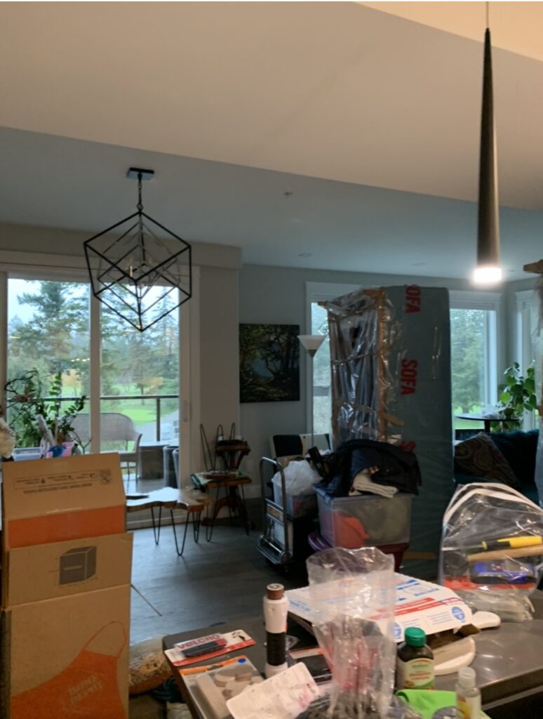 A living room filled with boxes and moving supplies.