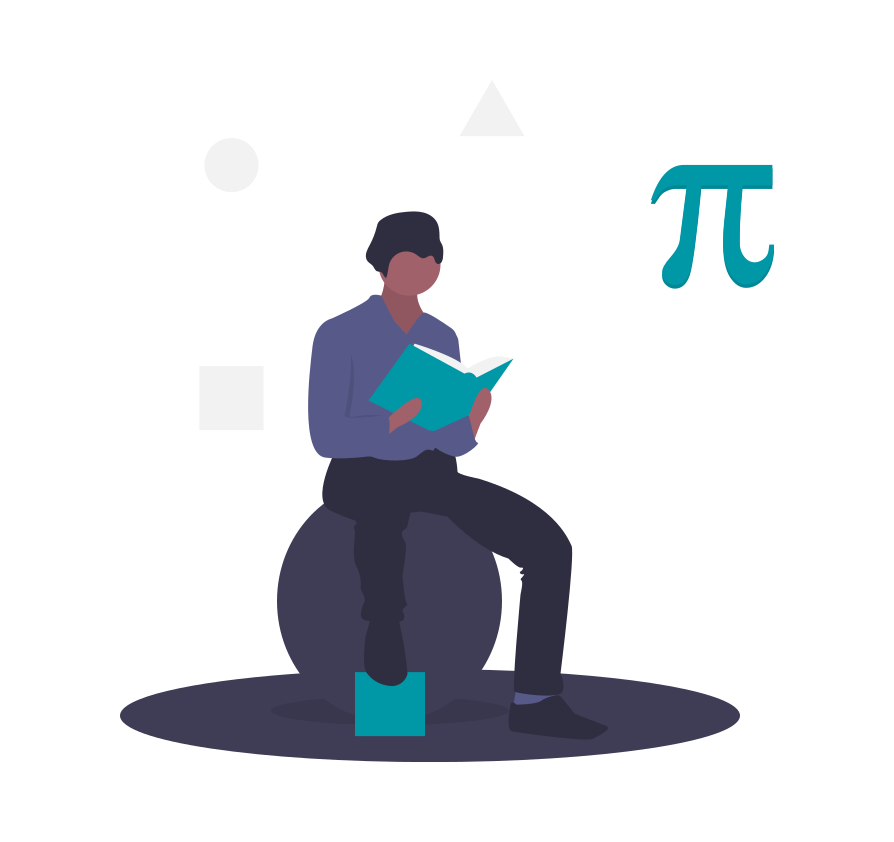 A graphic of a man sitting down and reading a book with the Pi symbol.