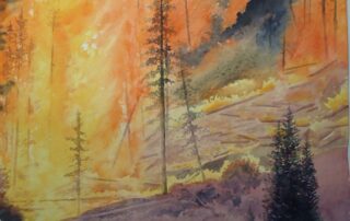 A watercolour painting of some trees surrounding a lake, with fire ravaging through the trees in the distance by Keith Cains.