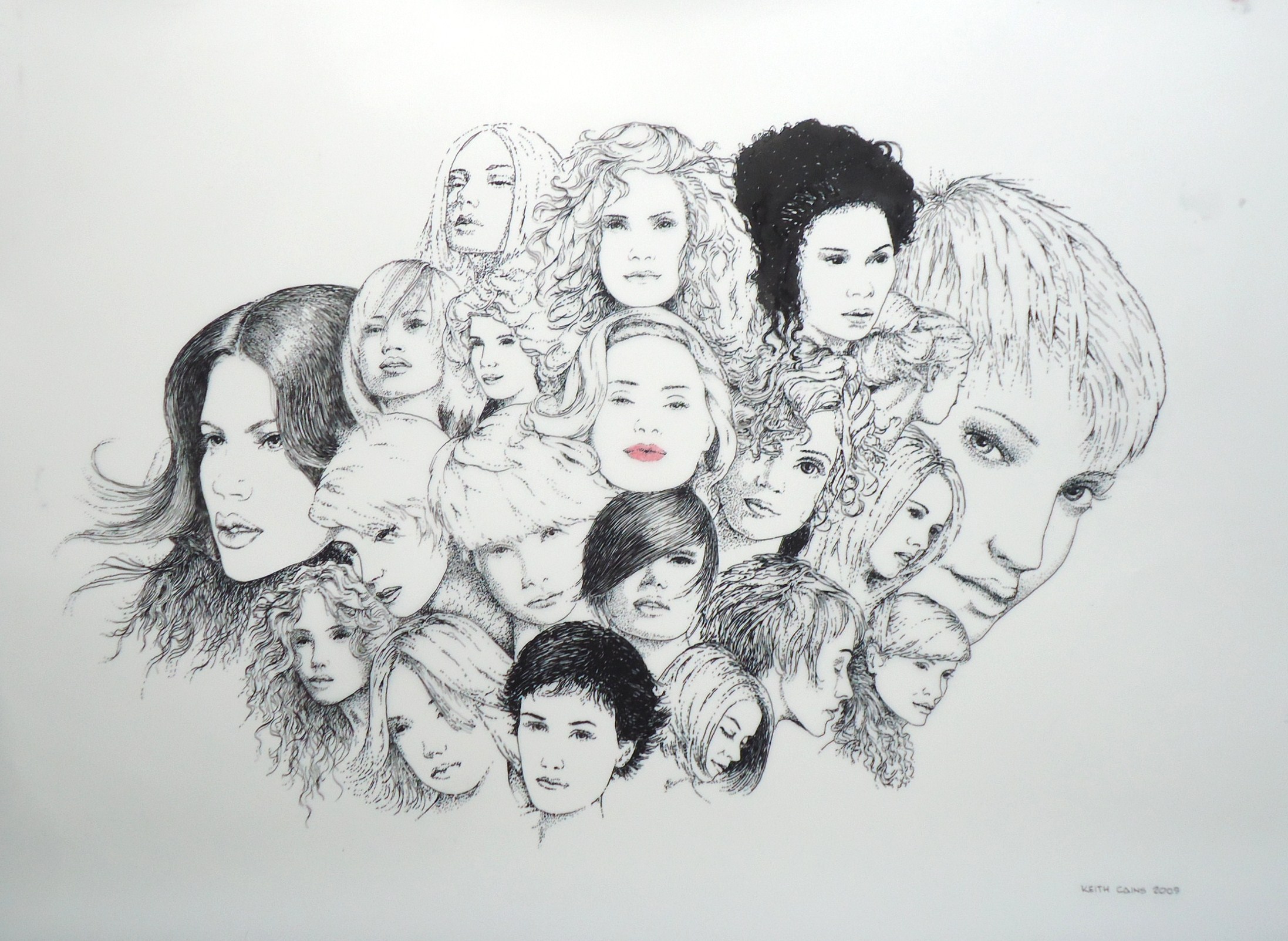 An ink on mylar drawing of numerous different woman's hairstyles by Keith Cains.