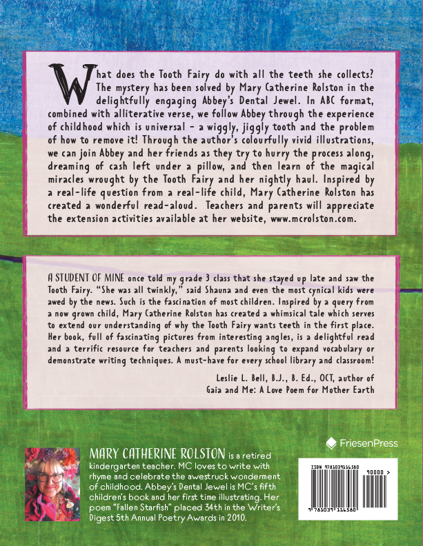 The back cover for the children's story Abbey's Dental Jewel by Mary Catherine Rolston.