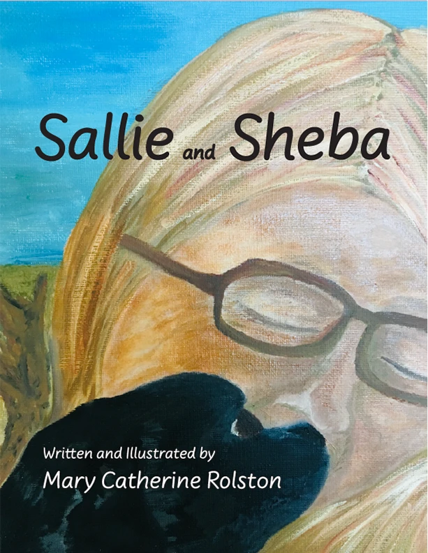 The front cover of the story Sallie and Sheba featuring a black dog snuggling up near a woman's face.