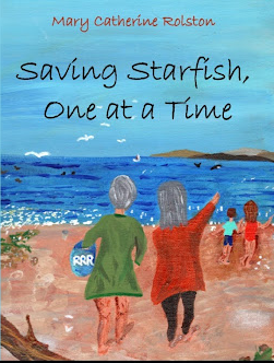 The front cover for the book "Saving Starfish, One at a Time" which features two children on a sandy beach pointing out at the ocean on a sunny day.